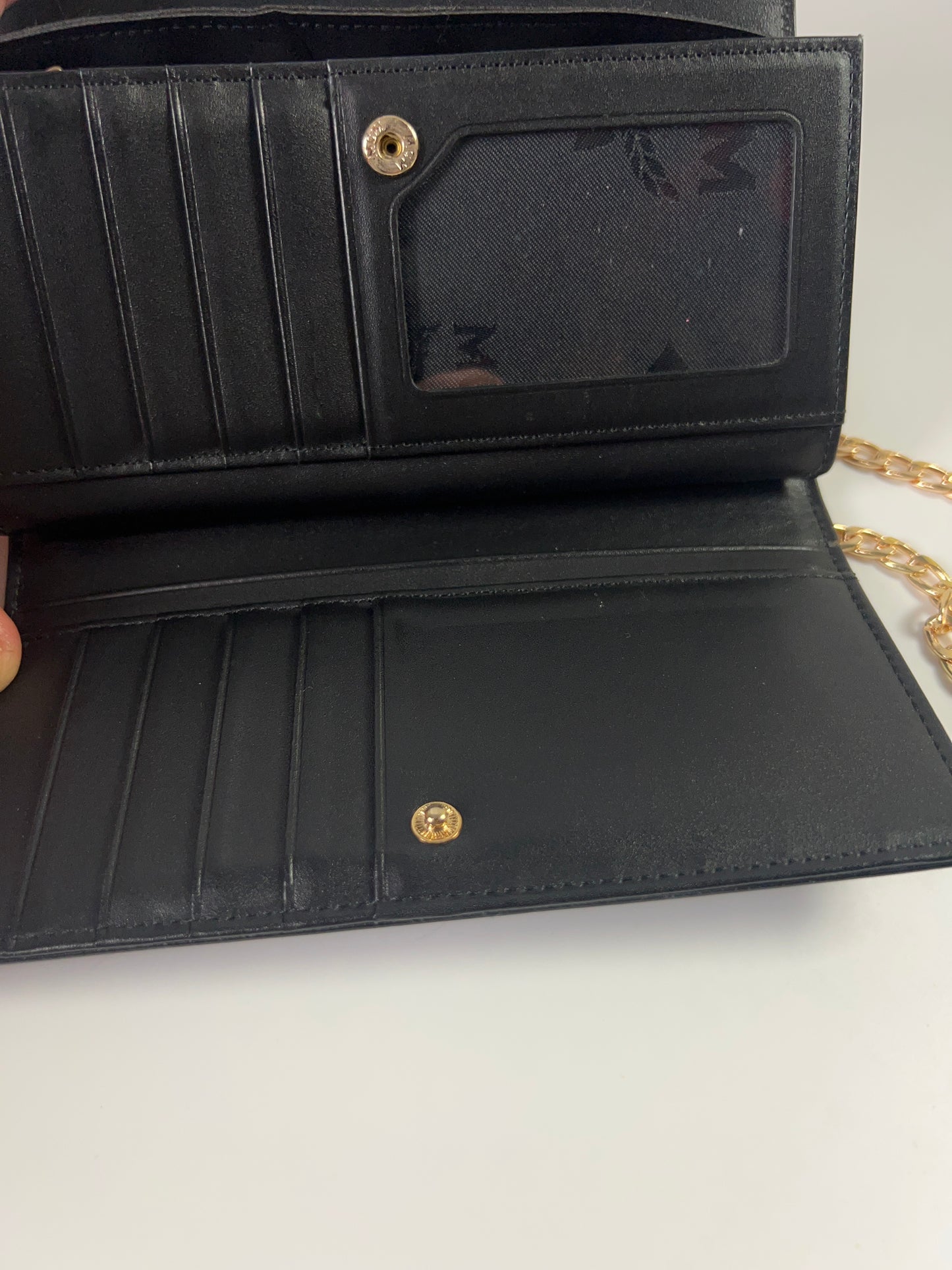 MCM Long Trifold Wallet Black/Gold w/chain-Shoulder strap Ladies