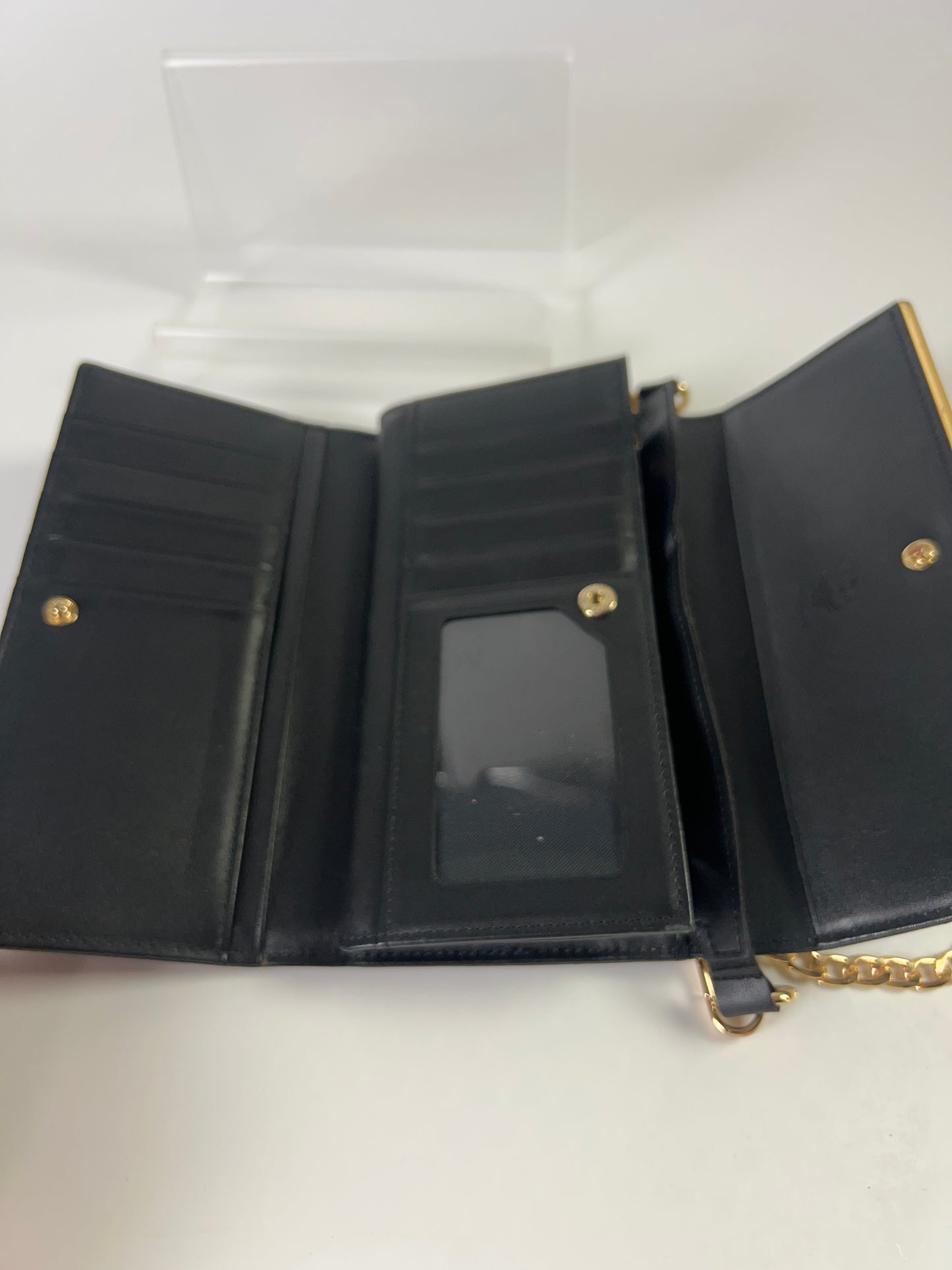 MCM Long Trifold Wallet Black/Gold w/chain-Shoulder strap Ladies