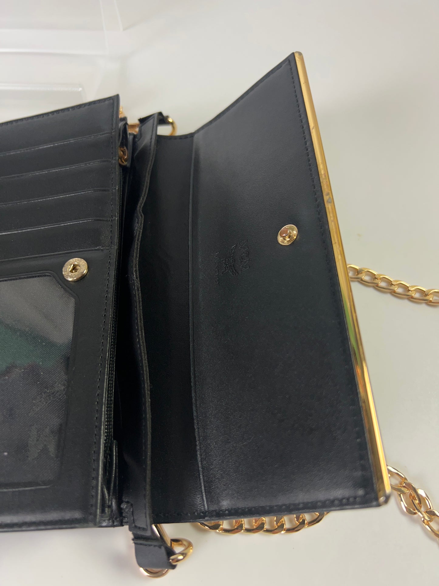 MCM Long Trifold Wallet Black/Gold w/chain-Shoulder strap Ladies