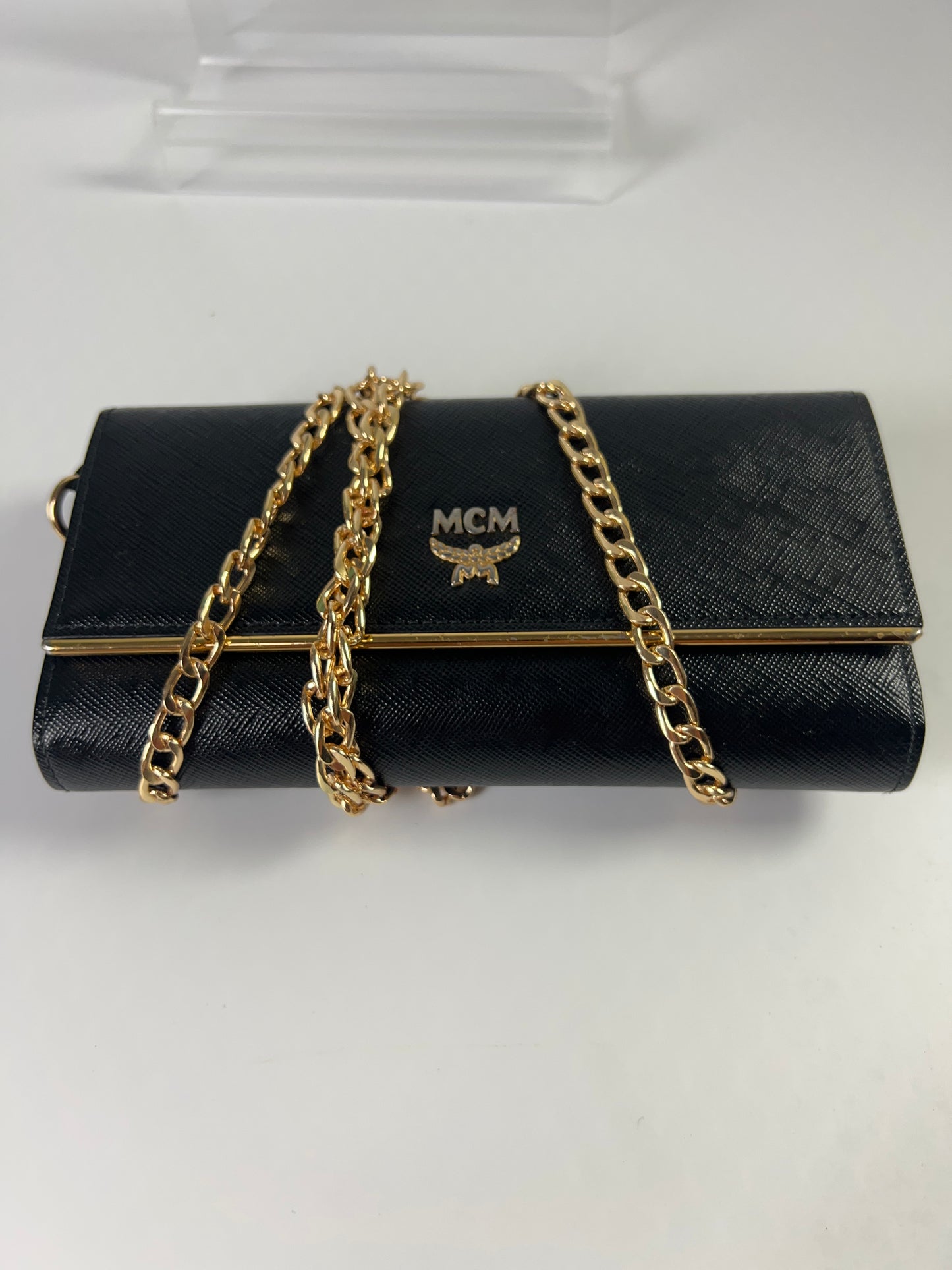 MCM Long Trifold Wallet Black/Gold w/chain-Shoulder strap Ladies