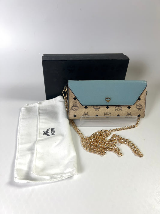 MCM Long Trifold Wallet Beige/Blue w/chain-Shoulder strap Ladies