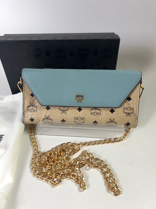 MCM Long Trifold Wallet Beige/Blue w/chain-Shoulder strap Ladies