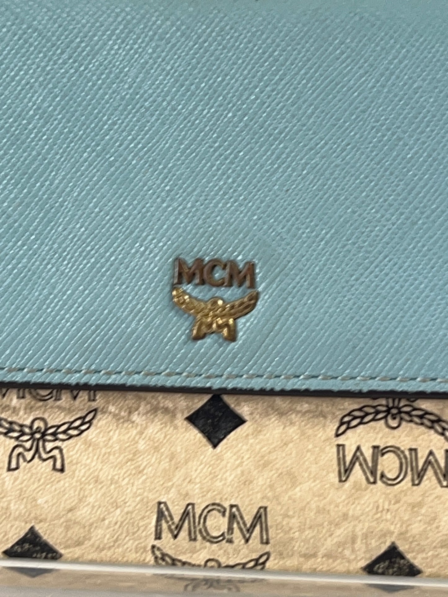 MCM Long Trifold Wallet Beige/Blue w/chain-Shoulder strap Ladies