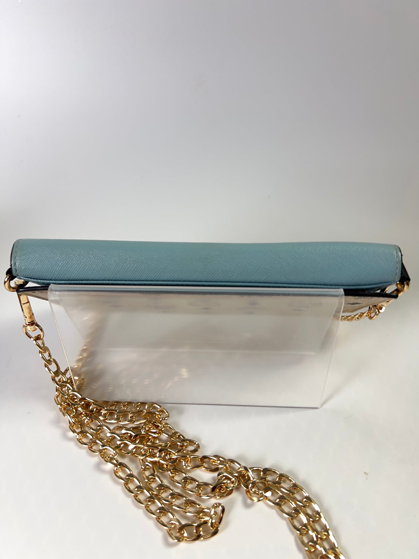 MCM Long Trifold Wallet Beige/Blue w/chain-Shoulder strap Ladies