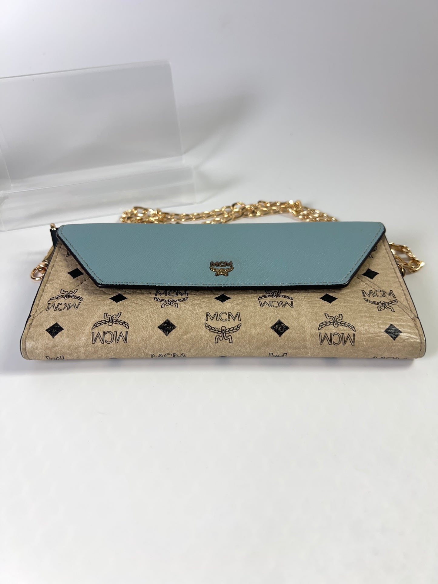 MCM Long Trifold Wallet Beige/Blue w/chain-Shoulder strap Ladies