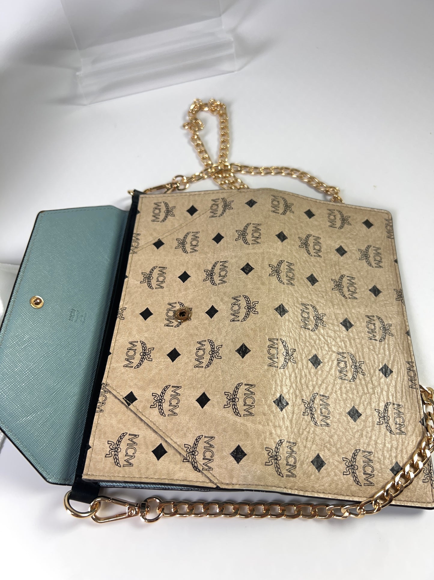 MCM Long Trifold Wallet Beige/Blue w/chain-Shoulder strap Ladies