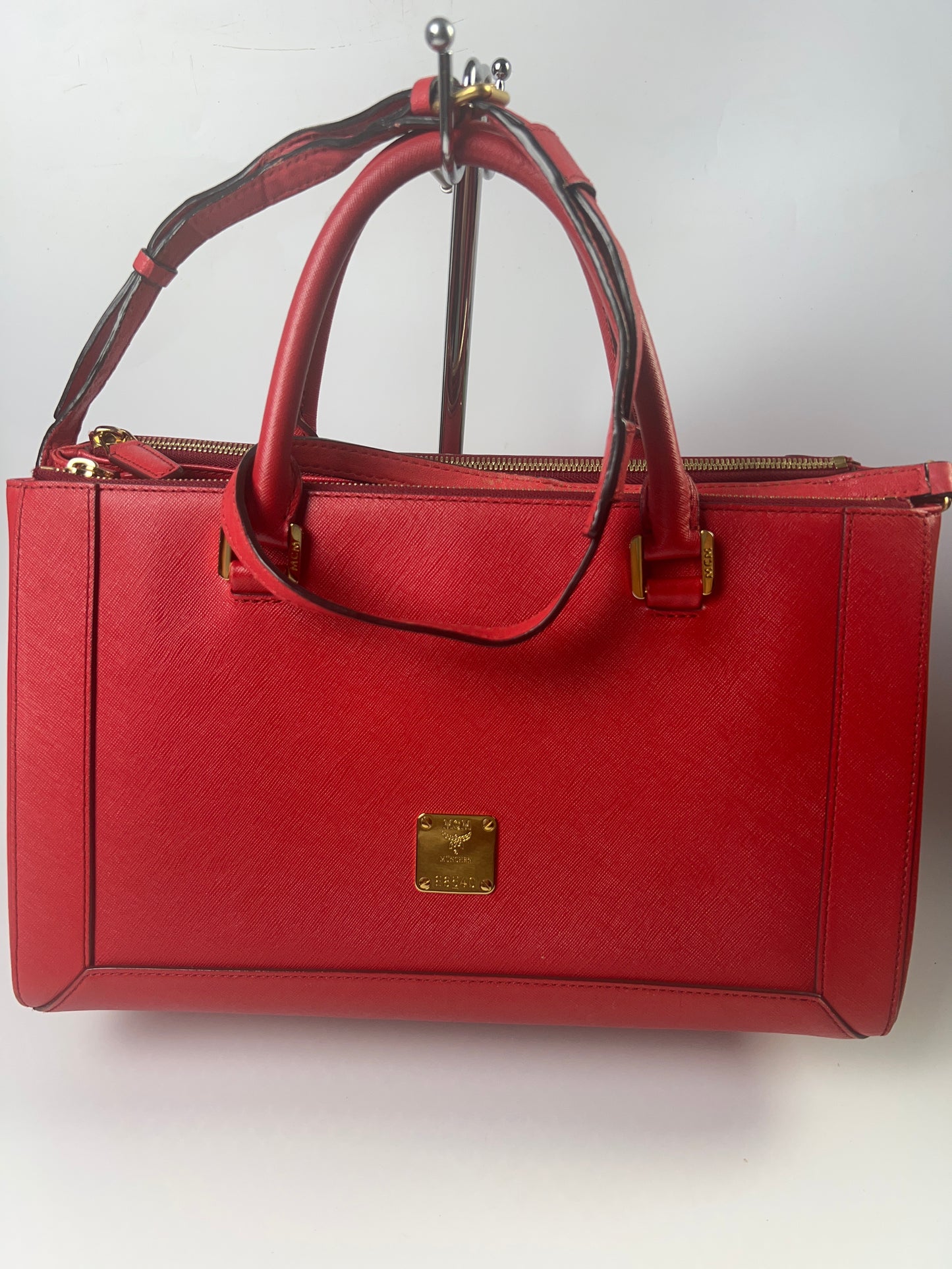 MCM Saffiano Hard Leather Tote/ Shoulder Bag Boston Bag Handbag Red