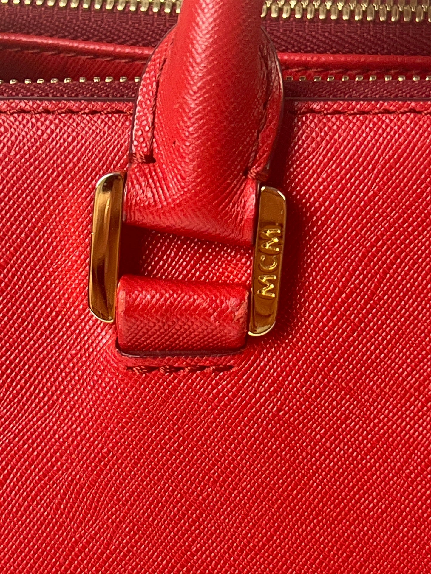 MCM Saffiano Hard Leather Tote/ Shoulder Bag Boston Bag Handbag Red