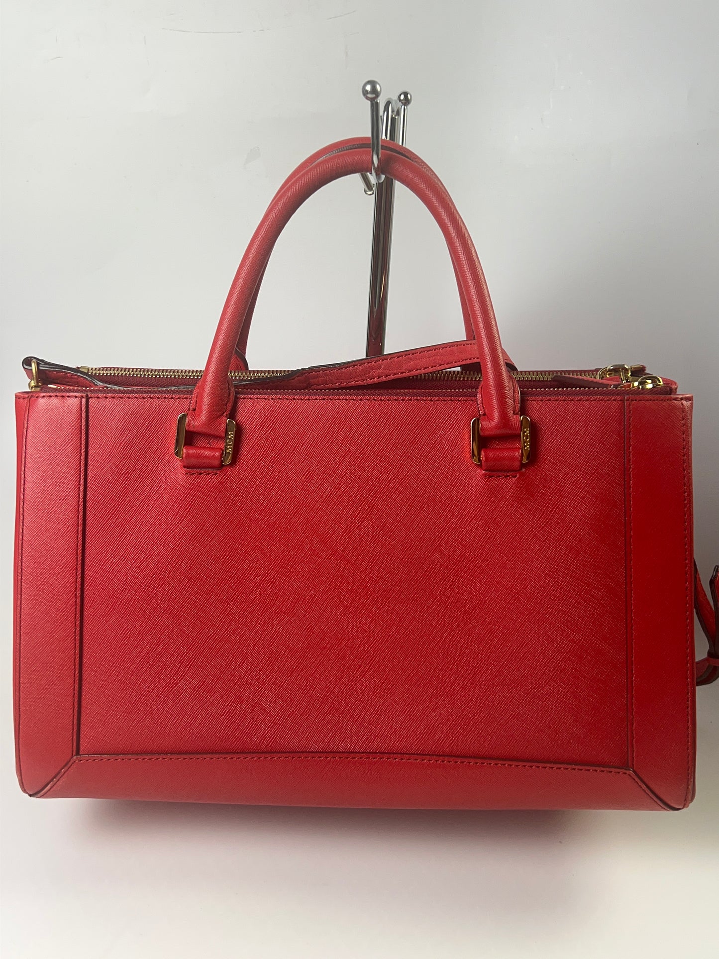 MCM Saffiano Hard Leather Tote/ Shoulder Bag Boston Bag Handbag Red