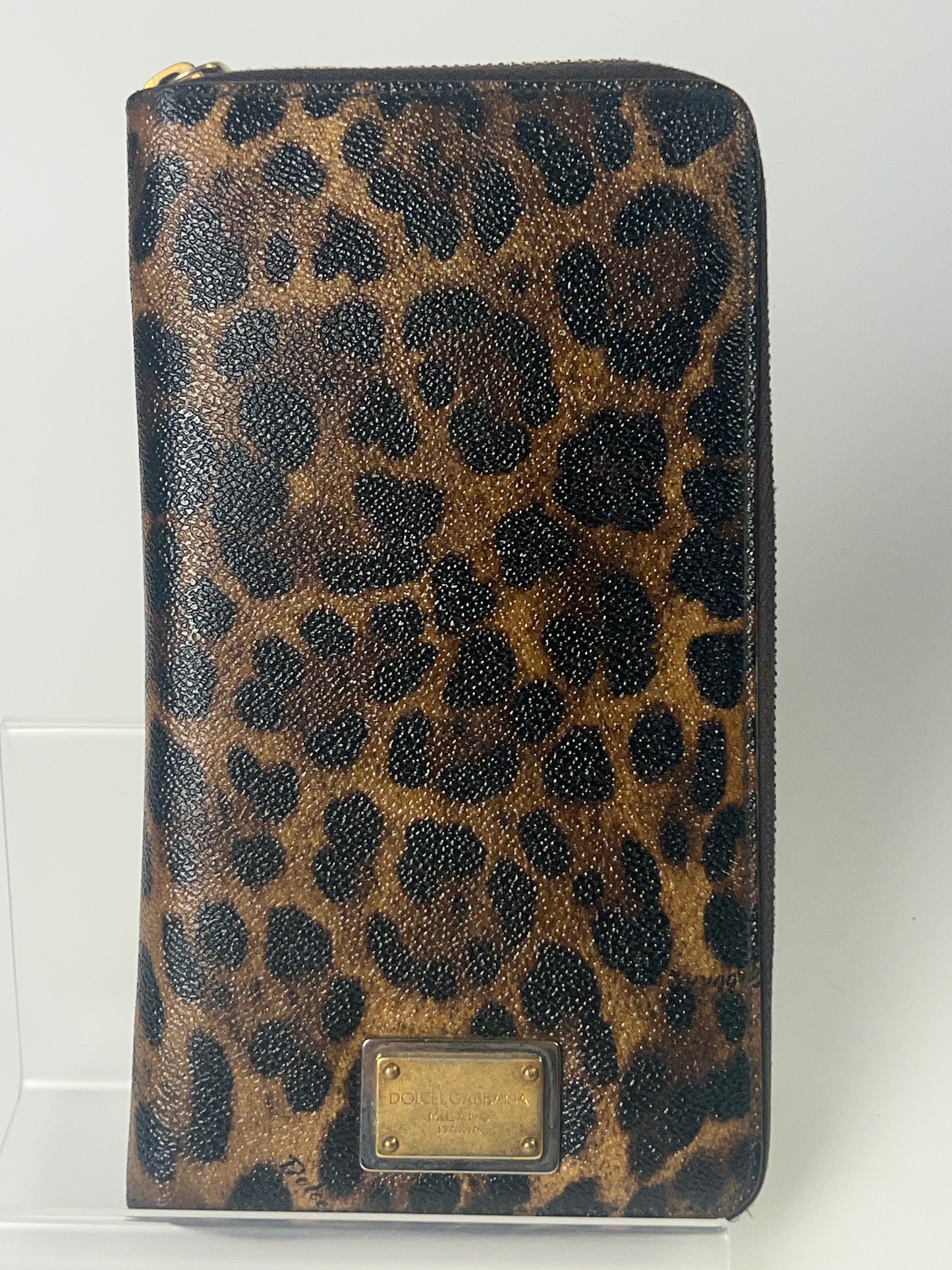 DOLCE & GABBANA Long Zippy Wallet Brown Leopard Leather Bifold Cardholder