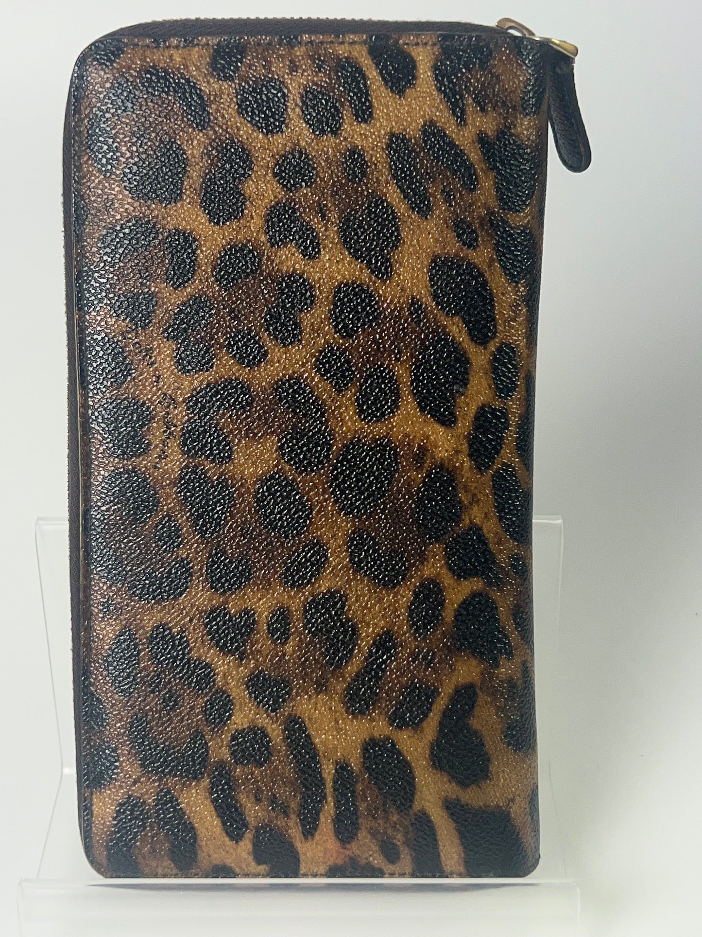 DOLCE & GABBANA Long Zippy Wallet Brown Leopard Leather Bifold Cardholder