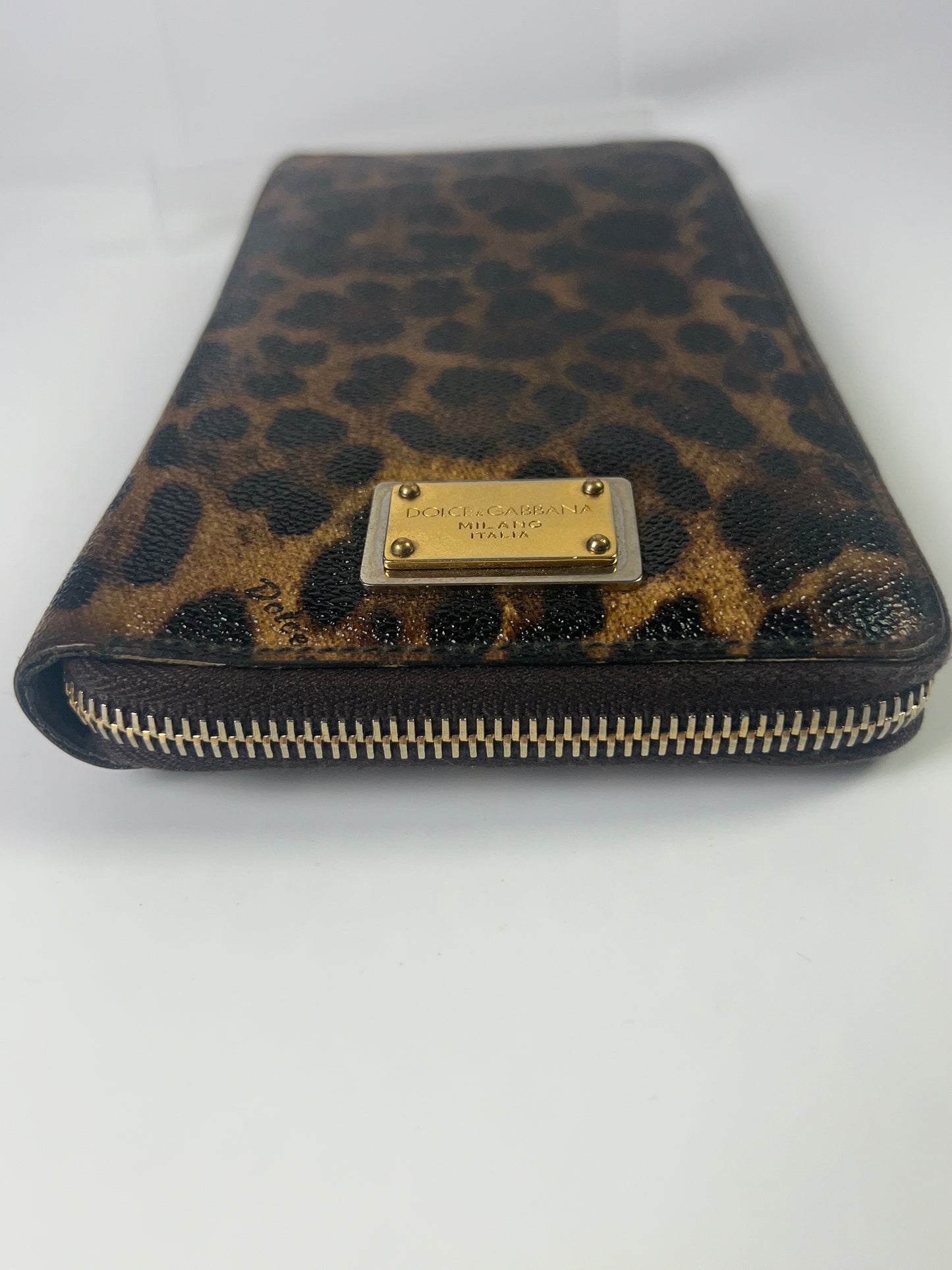 DOLCE & GABBANA Long Zippy Wallet Brown Leopard Leather Bifold Cardholder