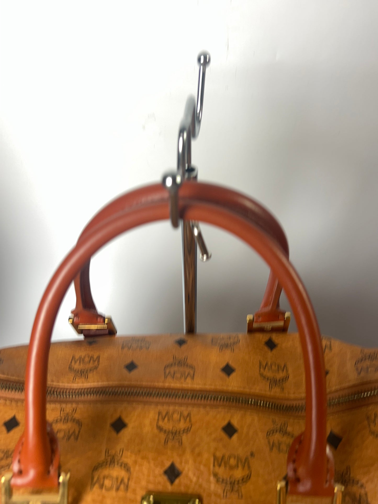 Authentic MCM Visetos Leather Vintage 2Way Travel Boston Bag Cognac 4822R