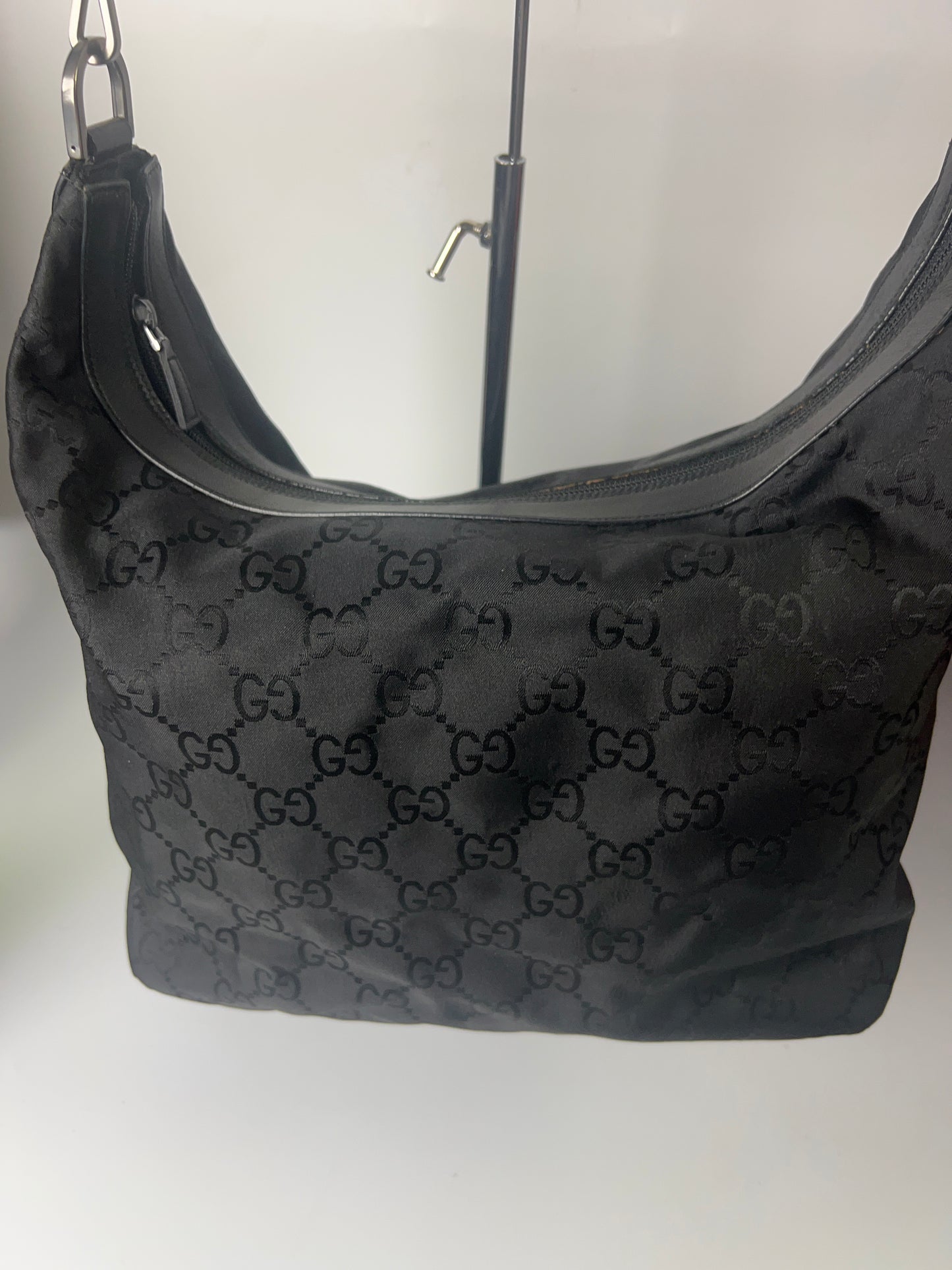 Gucci Shoulder Bag Handbag Bamboo Black GG Pattern Nylon Large Capacity Shoulder Bag Women