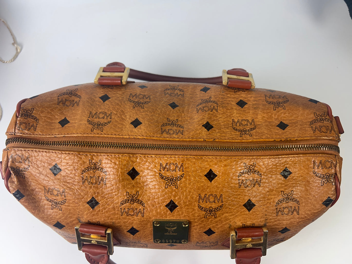 Authentic MCM Visetos Leather Vintage 2Way Travel Boston Bag Cognac 8997W