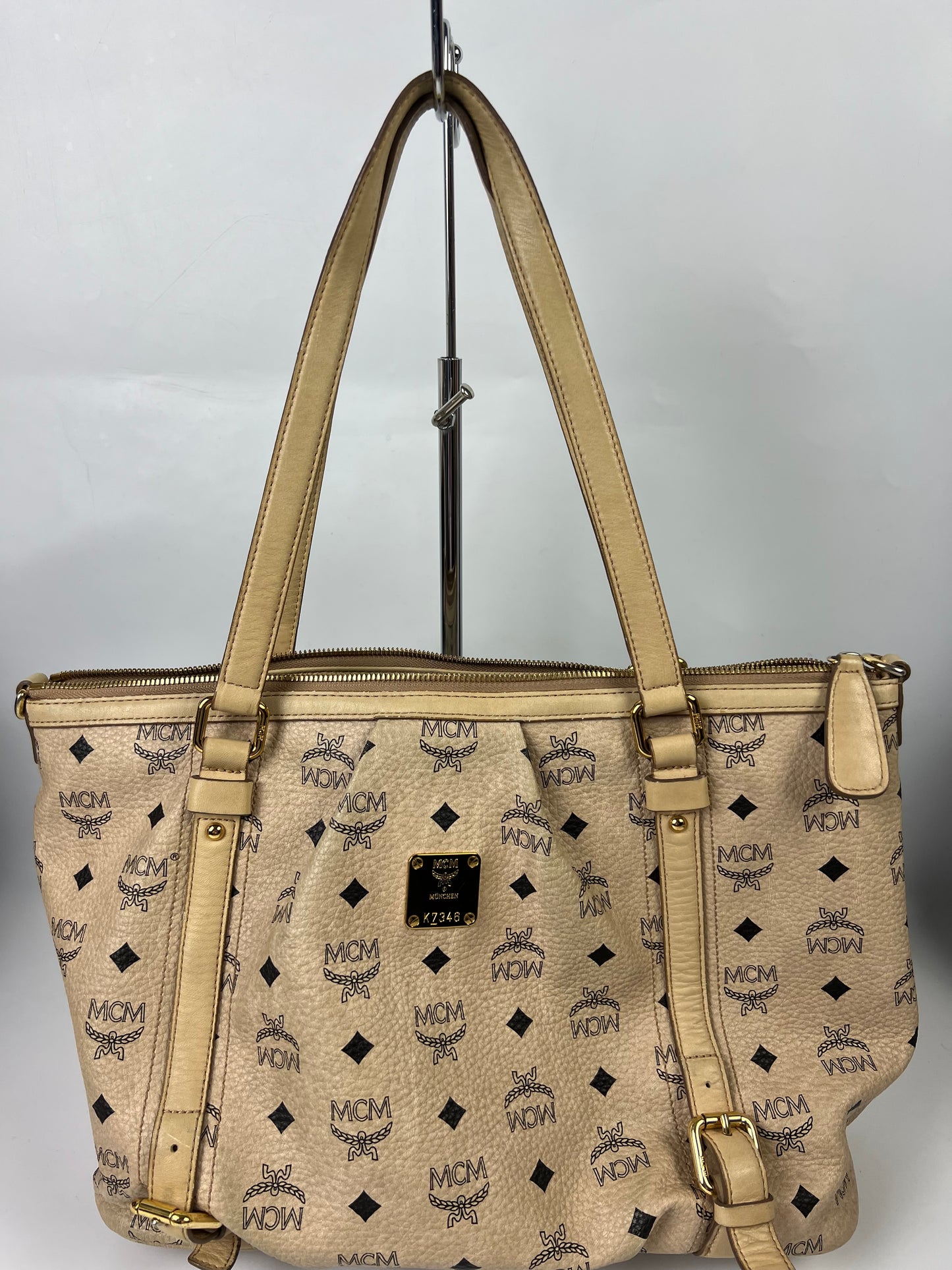 MCM Visetos Leather 2Way Bag Beige/Black K7346 No Strap