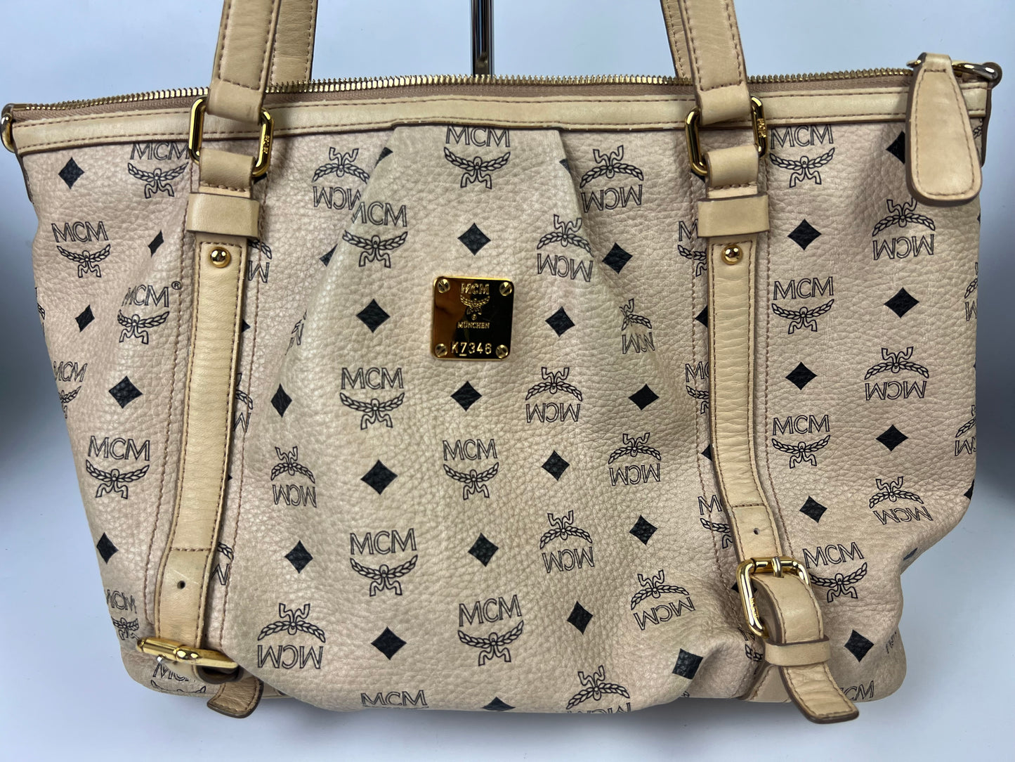 MCM Visetos Leather 2Way Bag Beige/Black K7346 No Strap