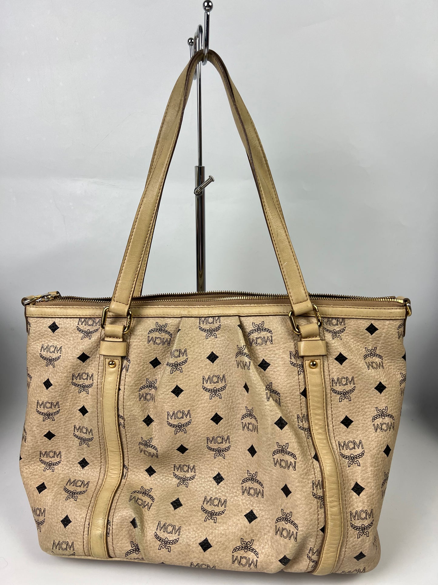 MCM Visetos Leather 2Way Bag Beige/Black K7346 No Strap