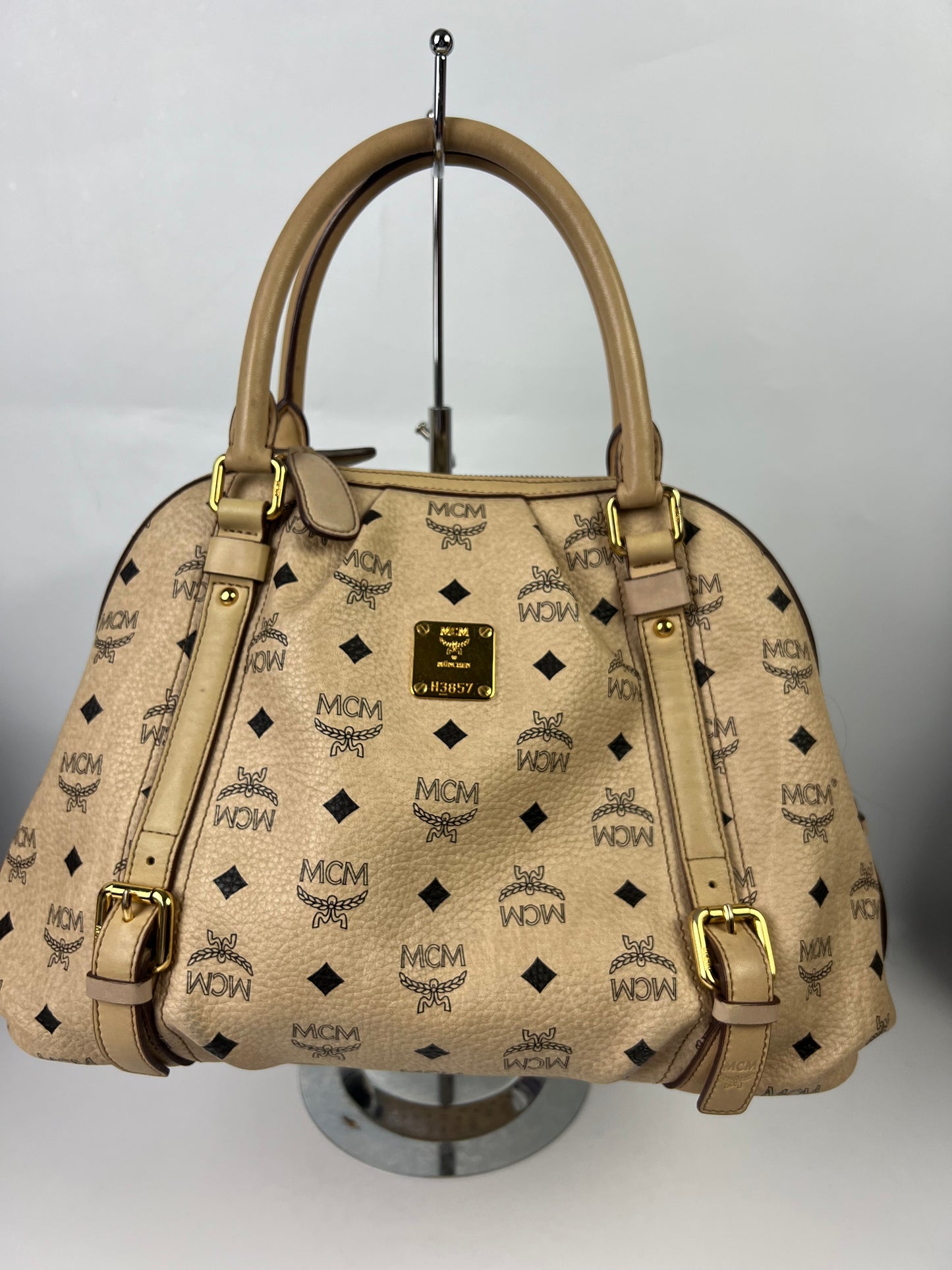 MCM Visetos Leather Top Handle Alma Bag Beige/Black H3857