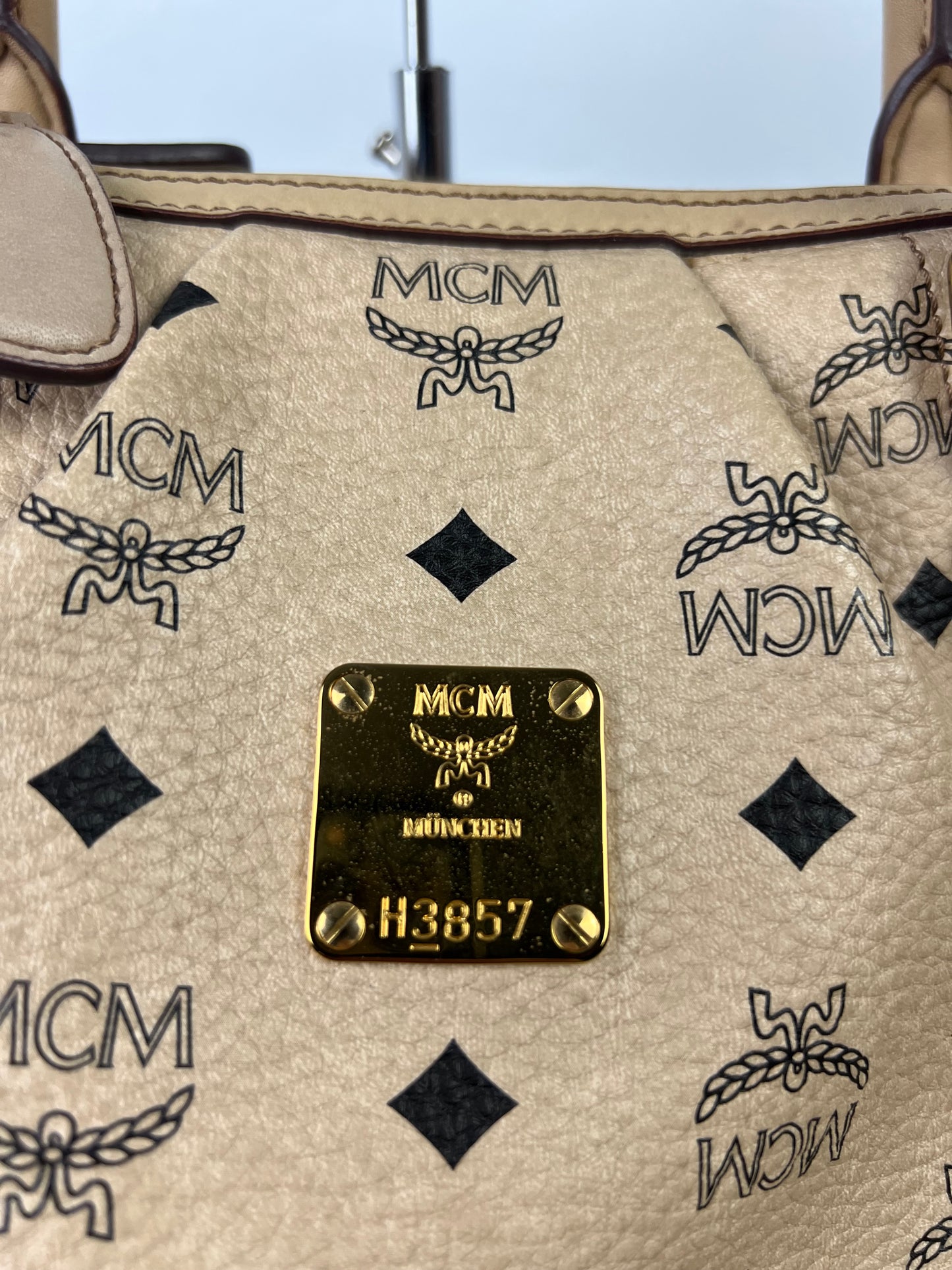 MCM Visetos Leather Top Handle Alma Bag Beige/Black H3857