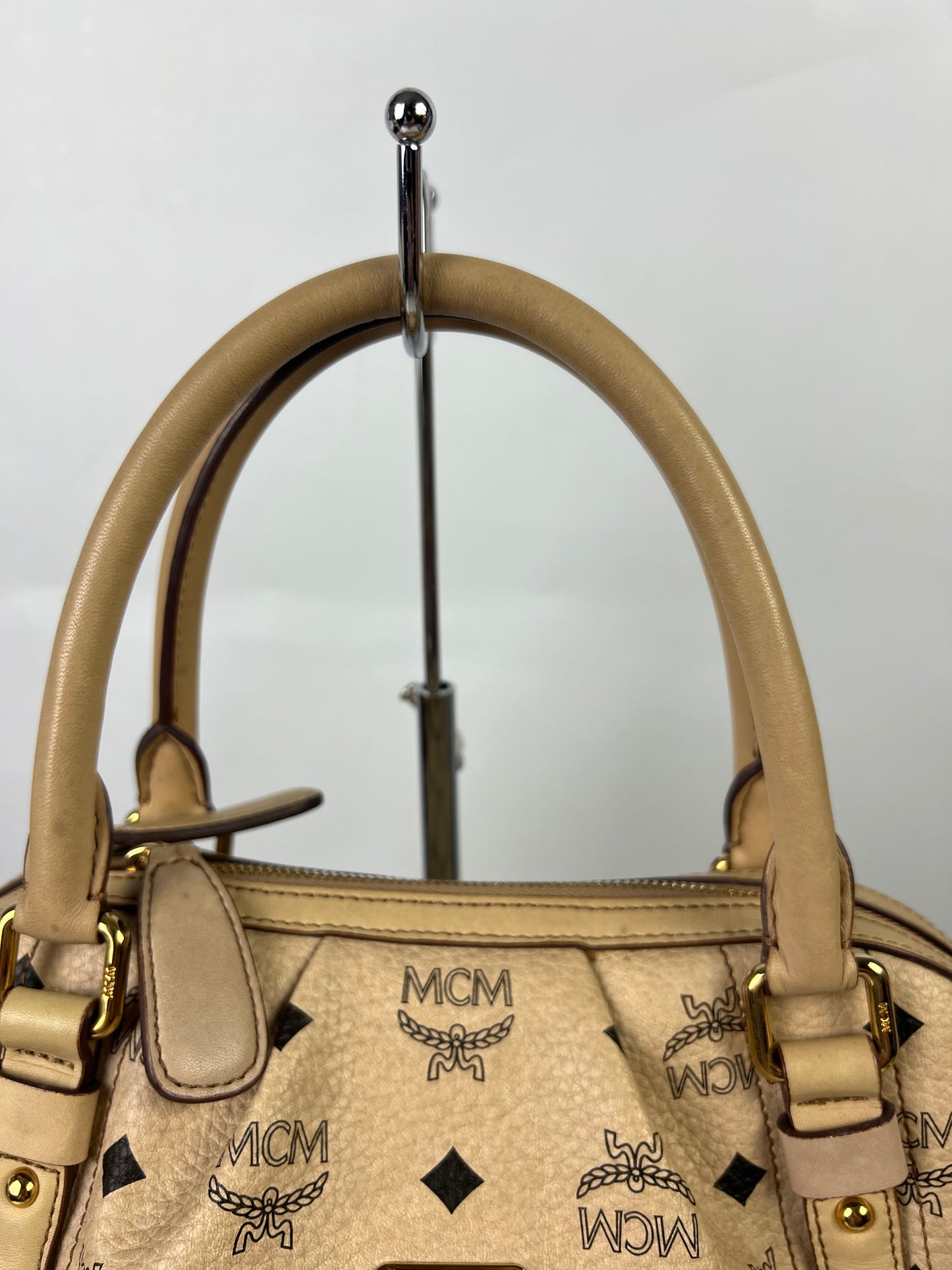 MCM Visetos Leather Top Handle Alma Bag Beige/Black H3857