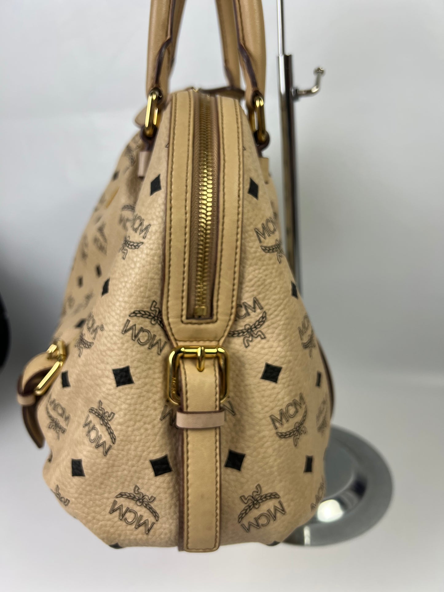 MCM Visetos Leather Top Handle Alma Bag Beige/Black H3857