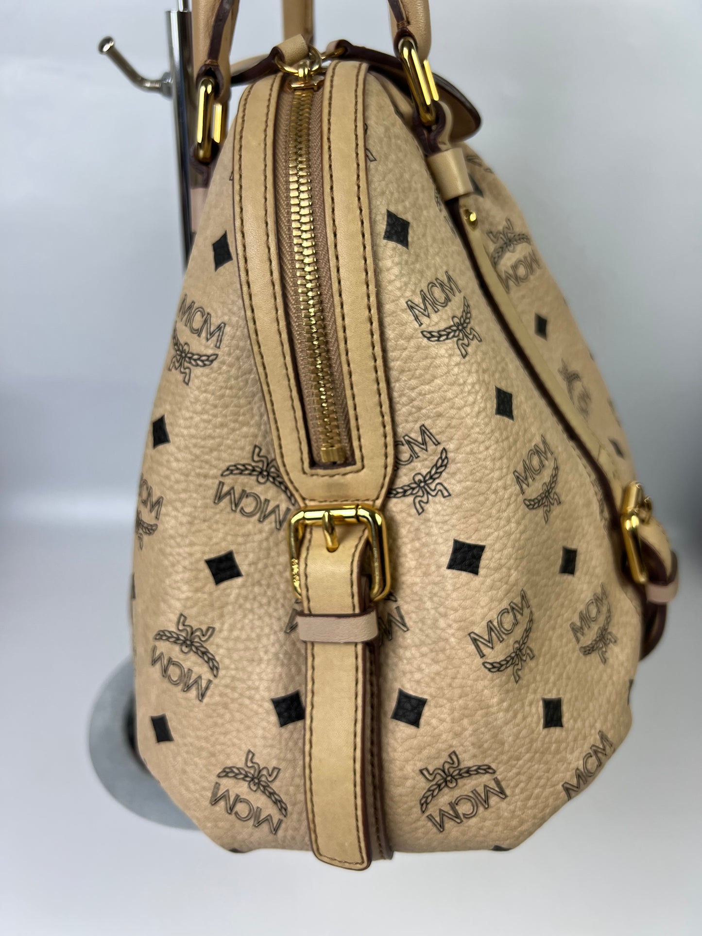 MCM Visetos Leather Top Handle Alma Bag Beige/Black H3857