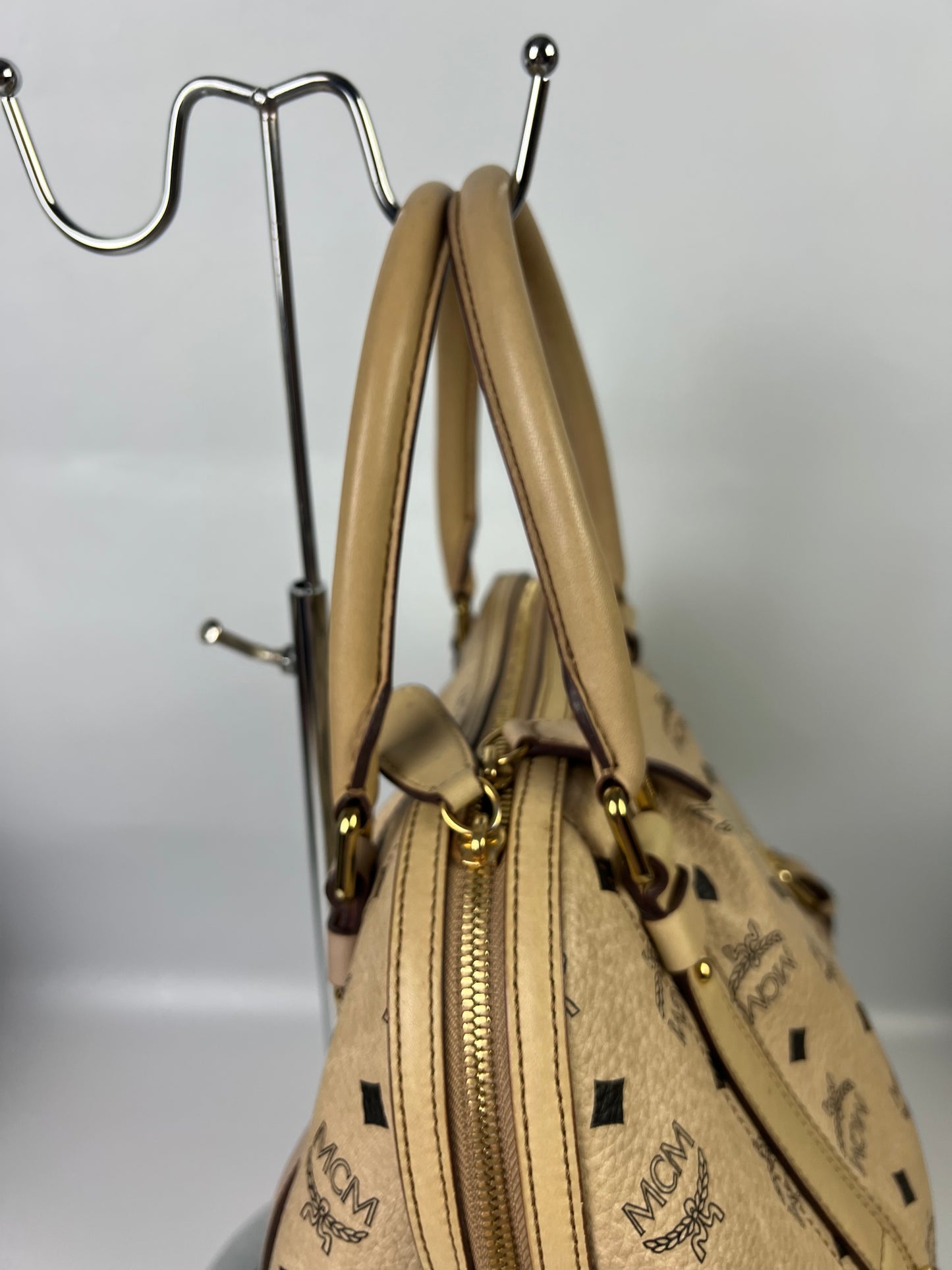 MCM Visetos Leather Top Handle Alma Bag Beige/Black H3857