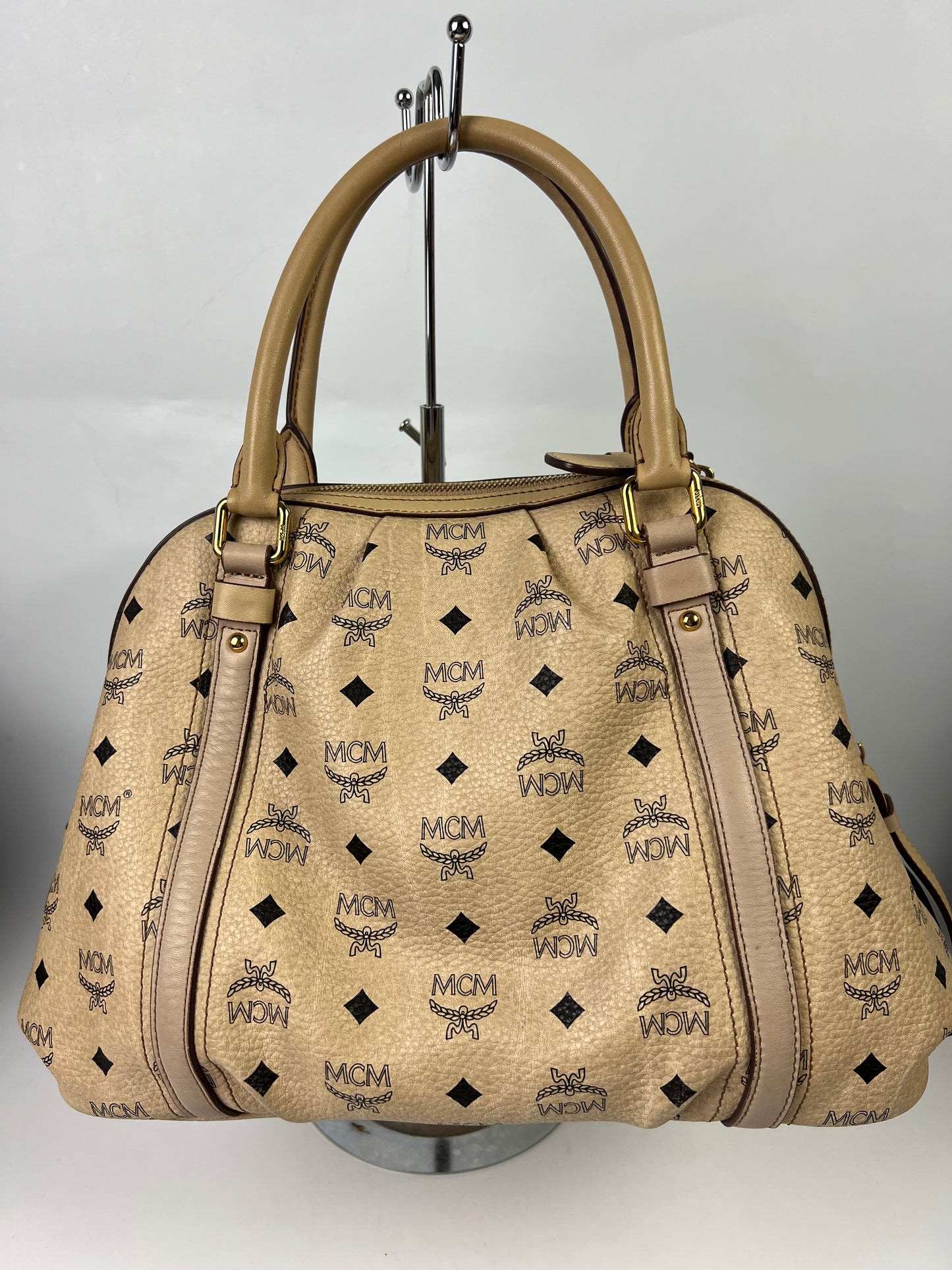 MCM Visetos Leather Top Handle Alma Bag Beige/Black H3857