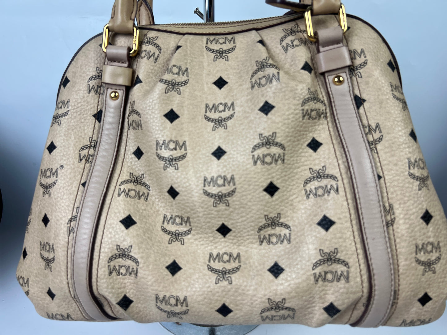 MCM Visetos Leather Top Handle Alma Bag Beige/Black H3857