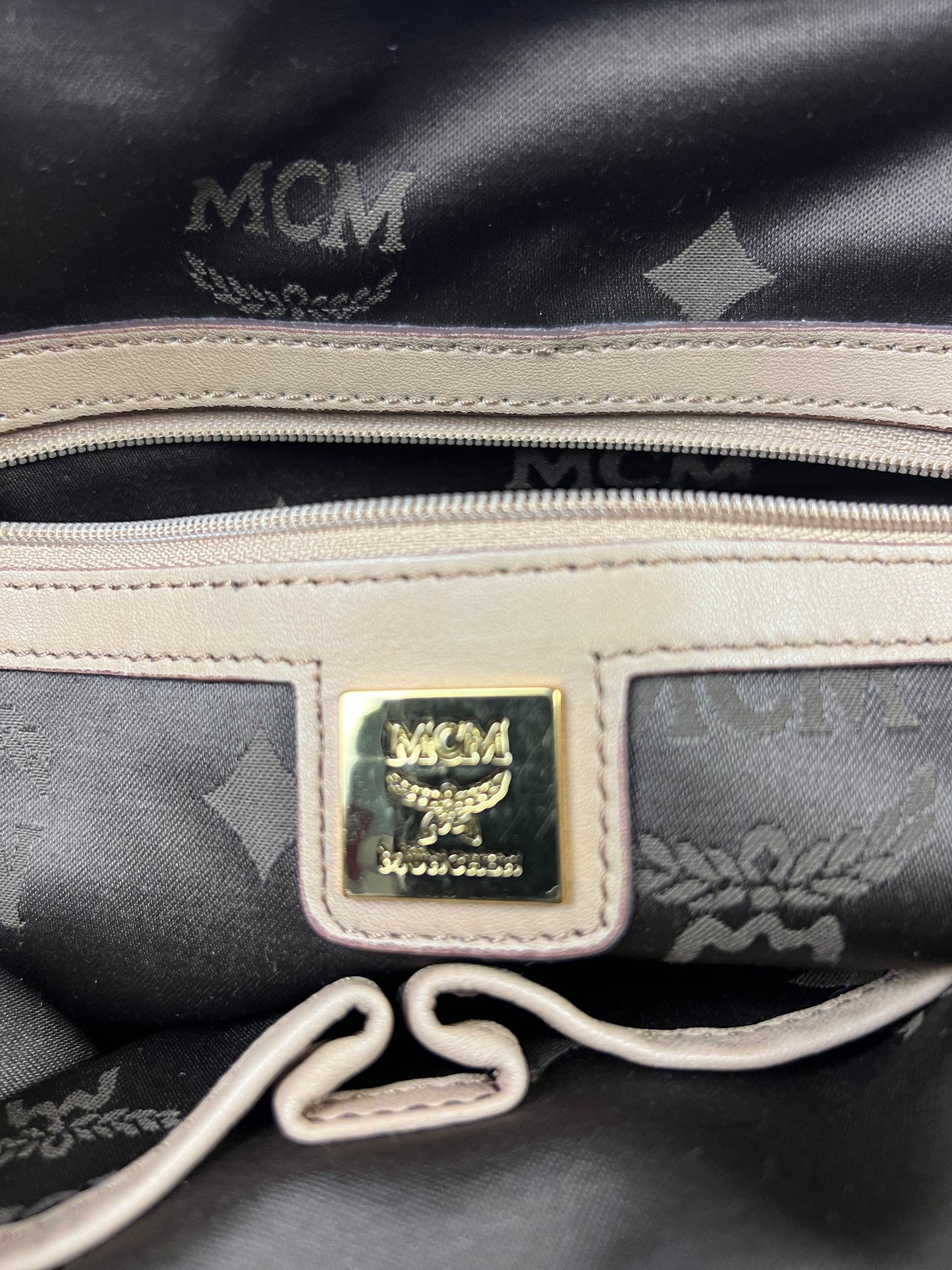 MCM Visetos Leather Top Handle Alma Bag Beige/Black H3857