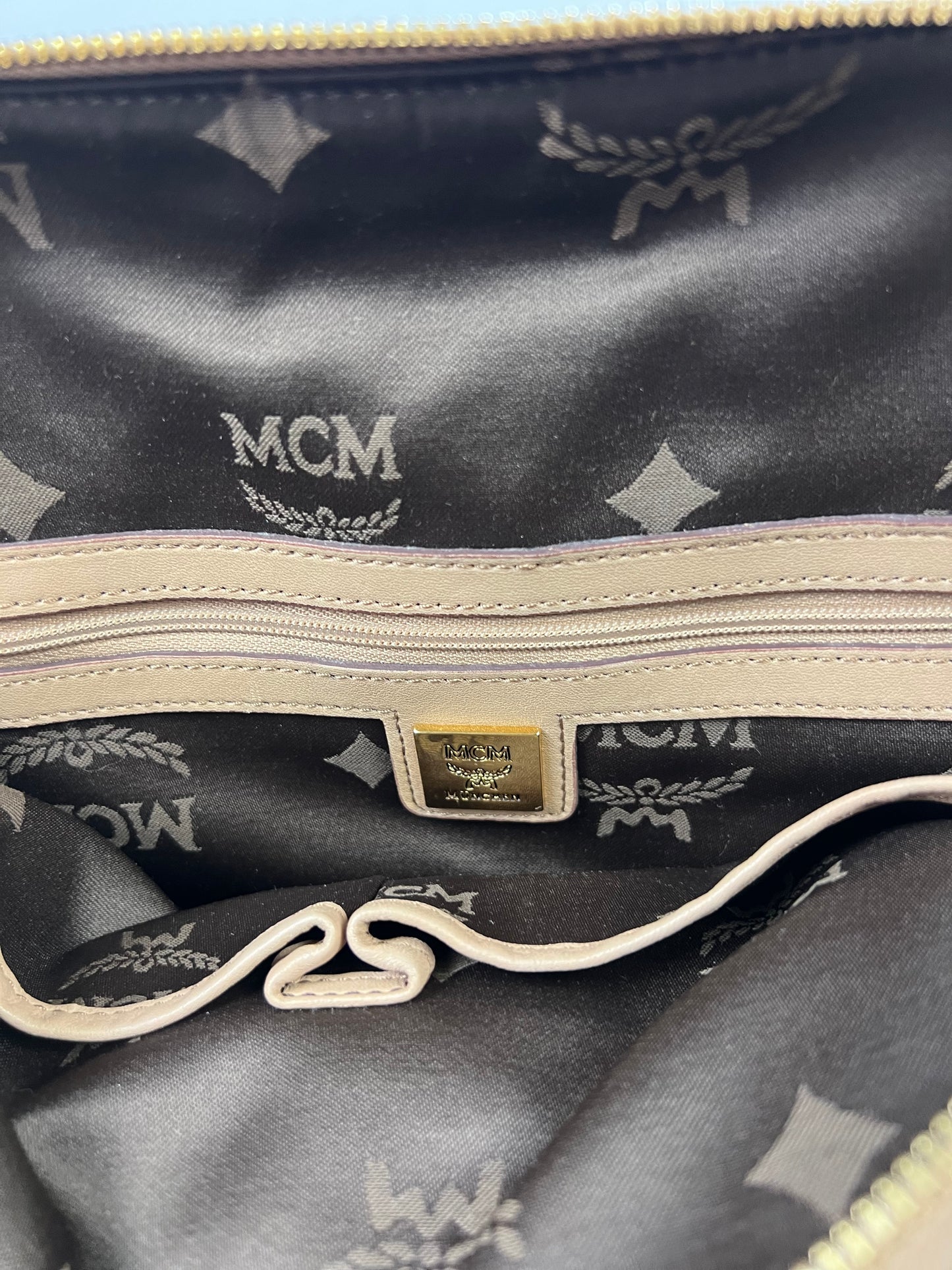 MCM Visetos Leather Top Handle Alma Bag Beige/Black H3857