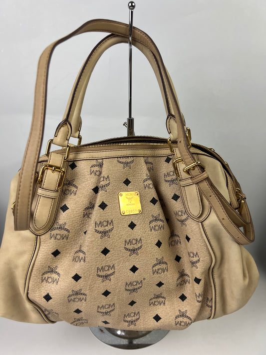 MCM Visetos Leather 2-Way Bag Beige/Black C8857