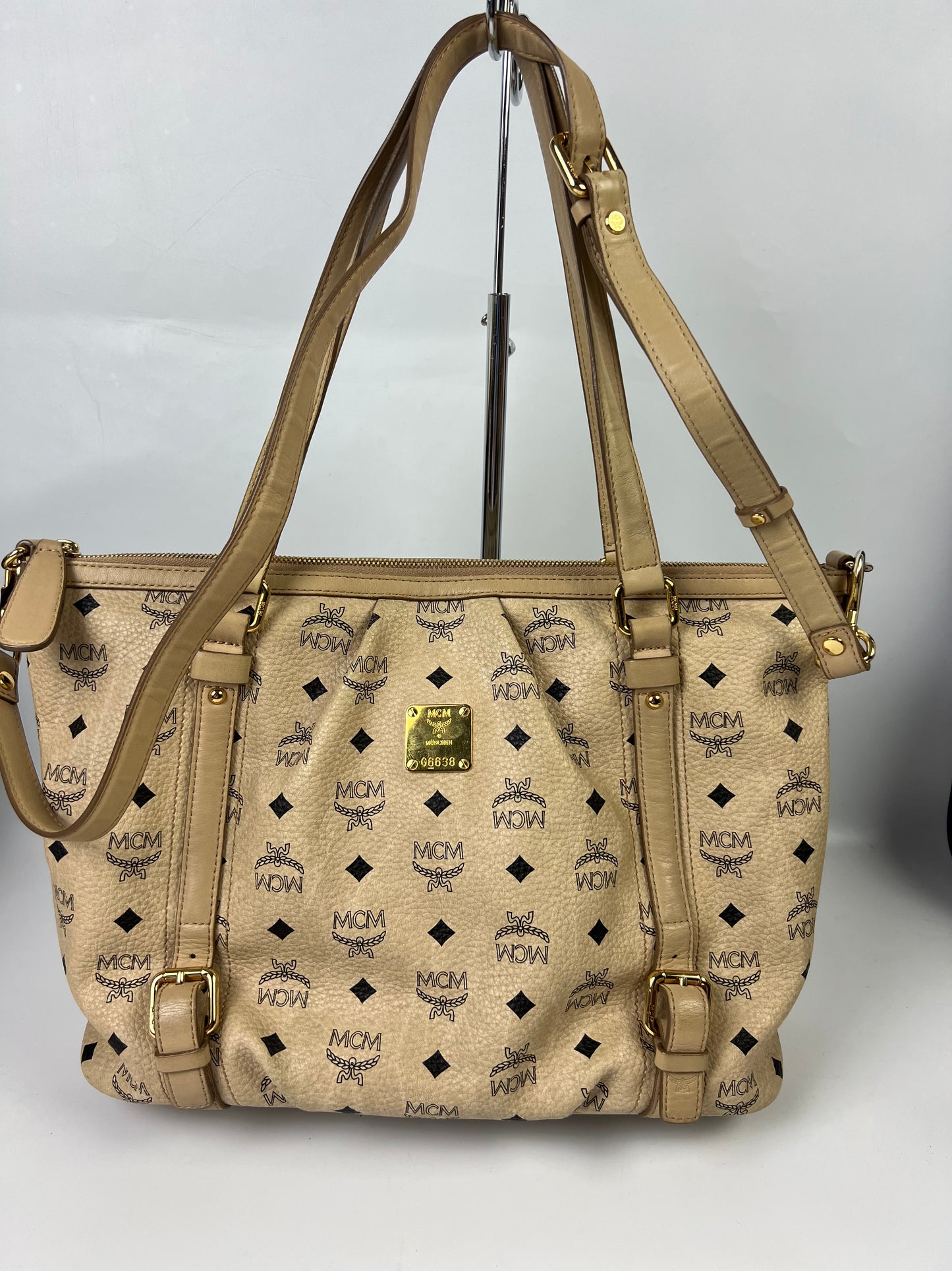 MCM Visetos Leather 2-Way Bag Beige/Black G6638