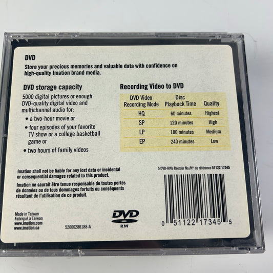Imation NEW SEALED Video Photos Data DVD-RW 4x 2 hr 5 Discs High Quality Storage