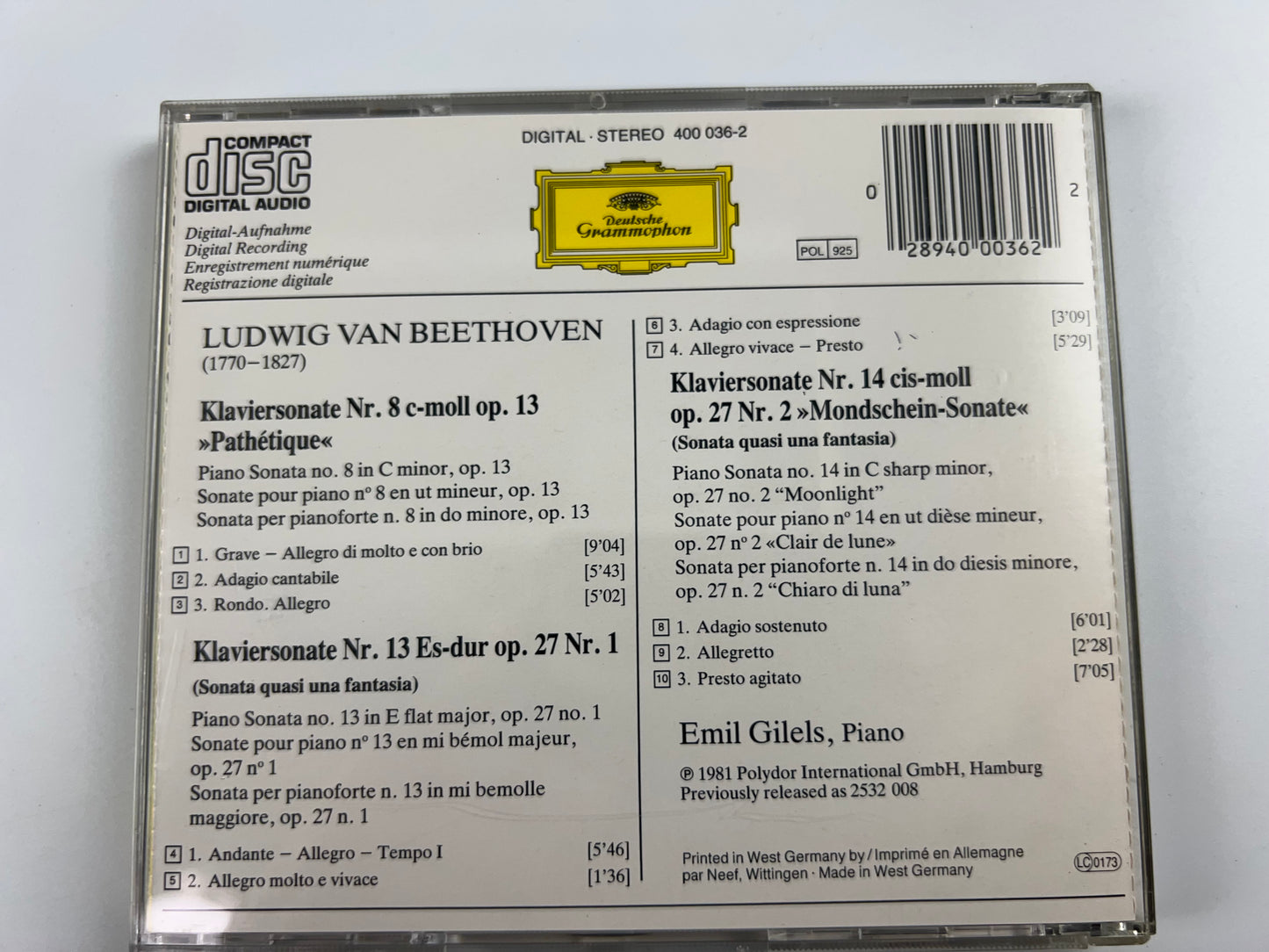 Emil Gilels : Beethoven: Piano Sonatas: 'Moonlight' / No. 13 / 'Pathetique'