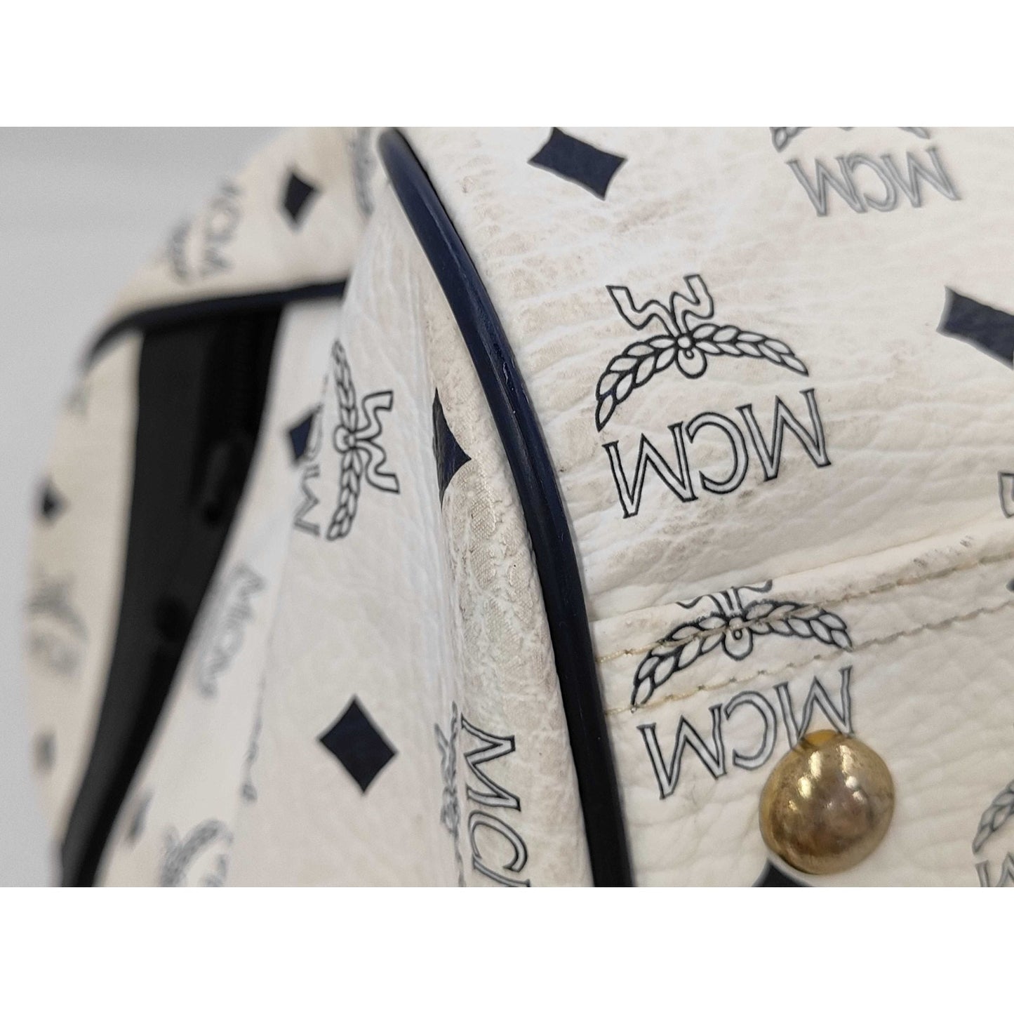 MCM Munchen White/Blue Canvas Leather Large Duffle Weekender Travel Bag w/strap