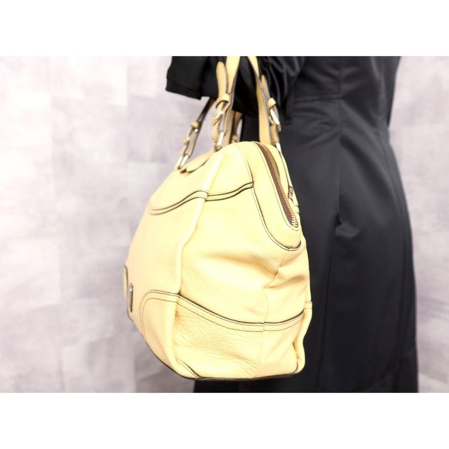 MCM Calf Leather Handbag Cream Gold Hardware Tote Bag