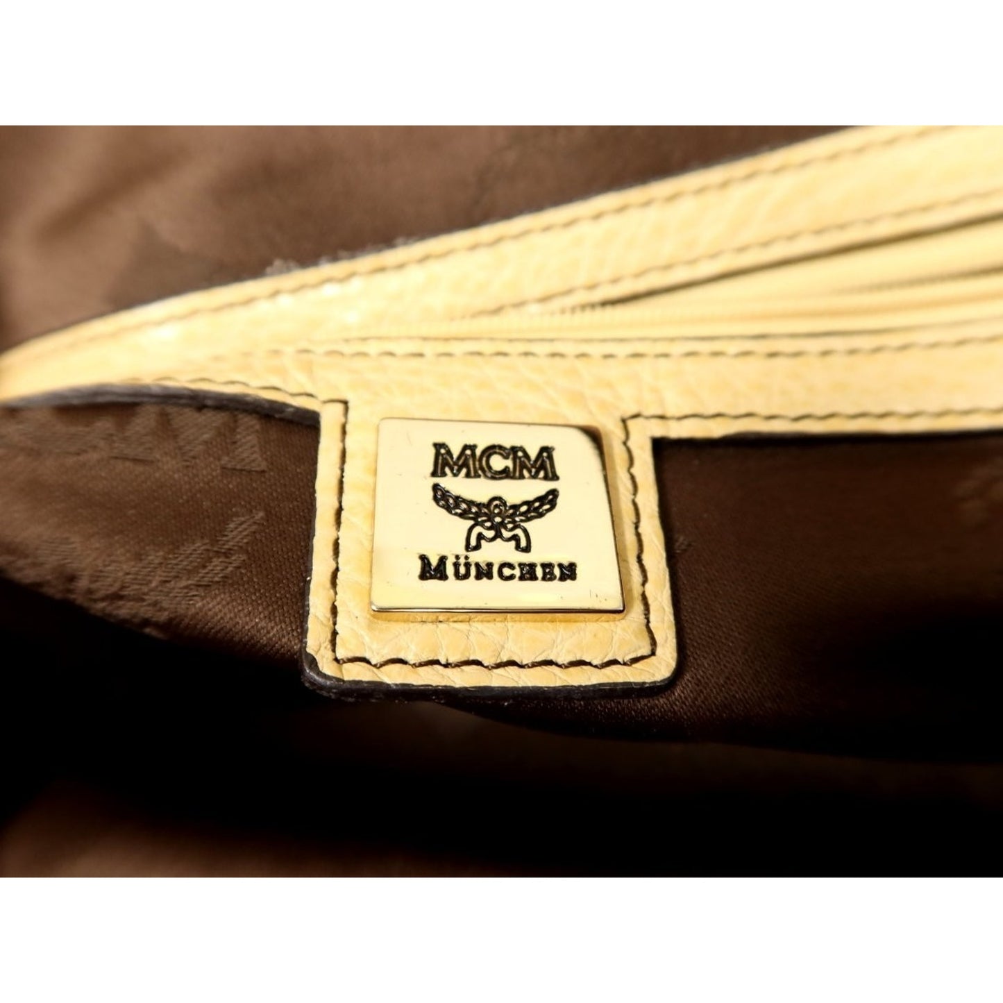 MCM Calf Leather Handbag Cream Gold Hardware Tote Bag