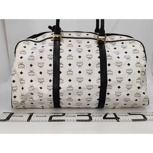 MCM Munchen White/Blue Canvas Leather Large Duffle Weekender Travel Bag w/strap