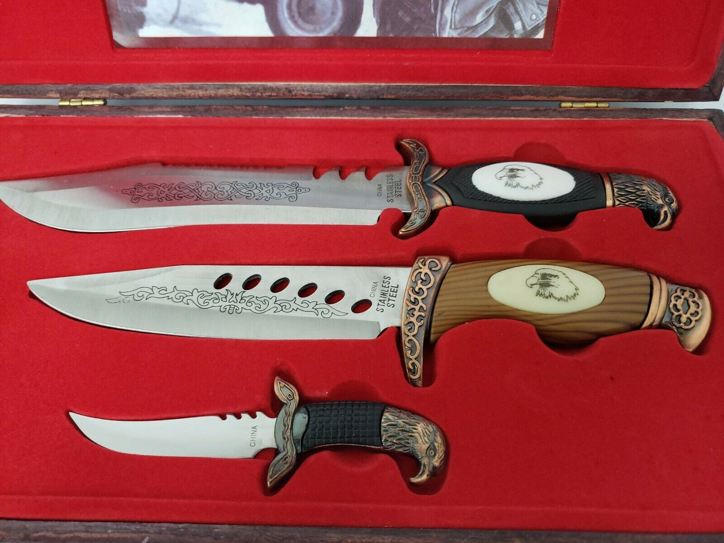 Coffret cadeau 3 couteaux en coffret bois lame fixe made in china
