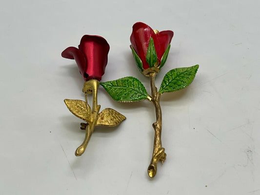 Vintage Brooch Pin Avon & Korea Red Rose Flower Gold Tone Signed Jewelry