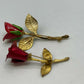 Vintage Brooch Pin Avon & Korea Red Rose Flower Gold Tone Signed Jewelry
