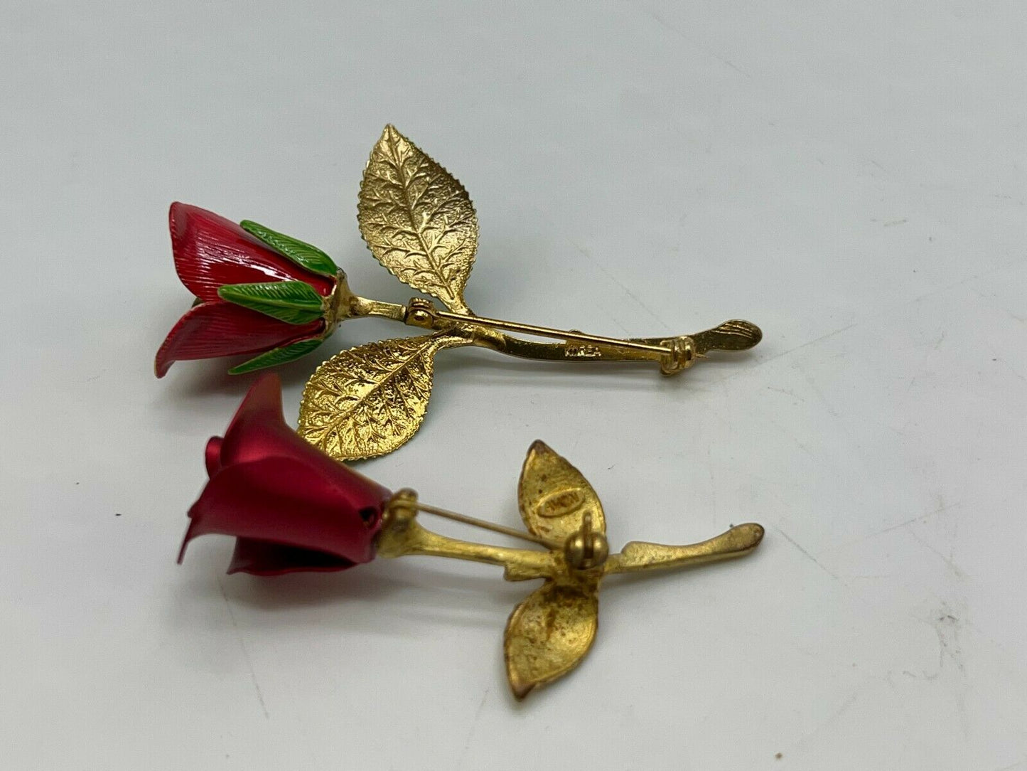 Vintage Brooch Pin Avon & Korea Red Rose Flower Gold Tone Signed Jewelry