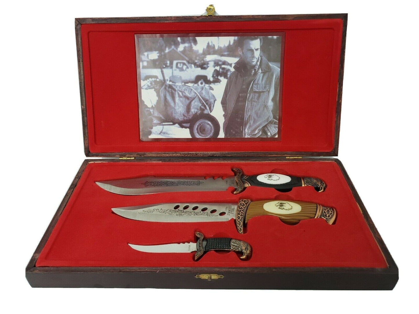 Coffret cadeau 3 couteaux en coffret bois lame fixe made in china