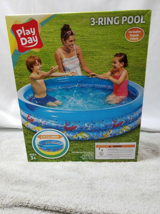 Play Day Inflatable 3-Ring Blue Shark Themed Kiddie Swimming Pool - NEW/SEALED